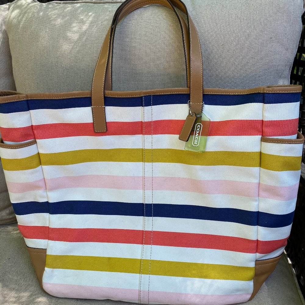 Coach Hadley Leather and Canvas Multi-stripe Tote